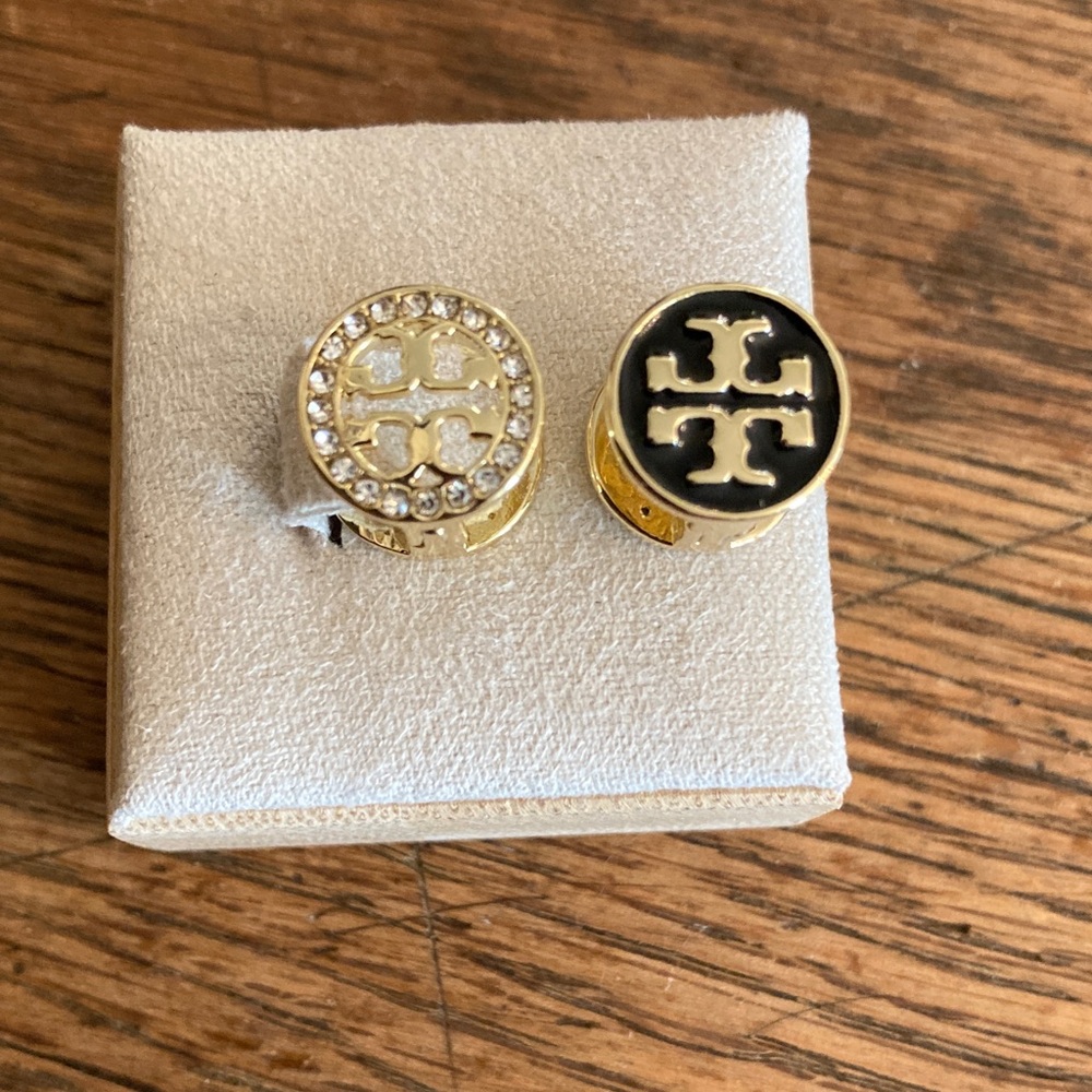 Tory Burch Reversible Black Enamel/Gold Tone w/Crystals Earrings NWOT - Picture 5 of 7
